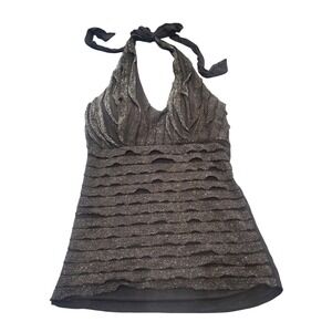 Vintage DEB Y2K Black Silver Shimmer Tiered Ruffle Halter Top Party Clubwear S